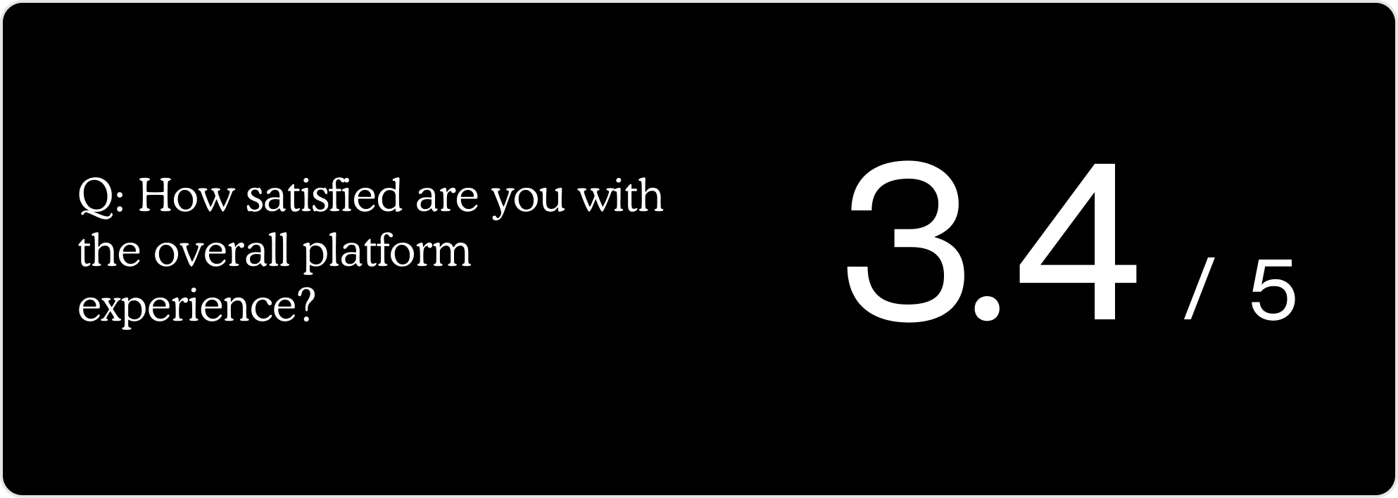 Q: How satisfied are you with the overall platform experience? 3.4 out of 5